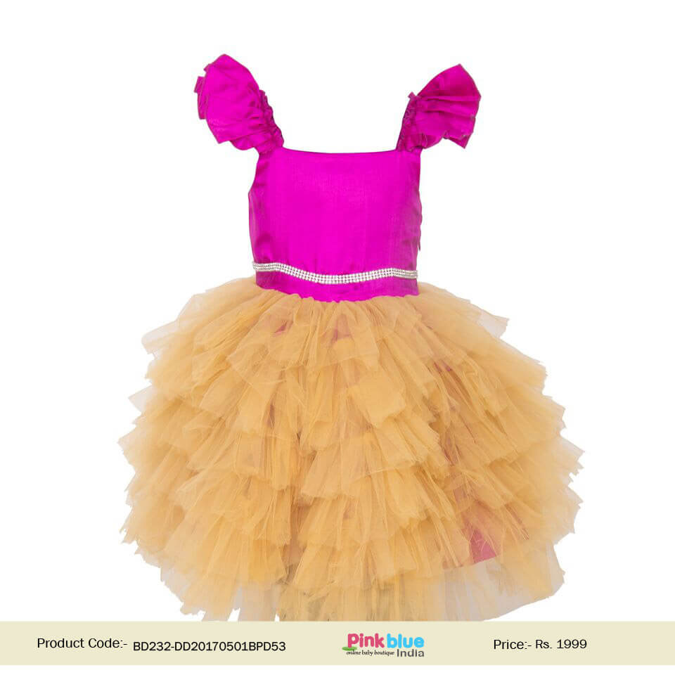 Kids Baby Girl Designer Golden Layered Ruffle Dress Pattern