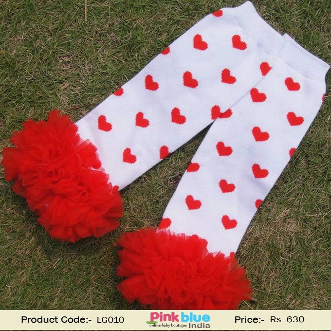 Cute Toddler Baby Girl Leg Warmers in White with Red Hearts