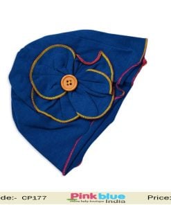 Baby Girl’s Beanie Summer Cap in Dark Blue Color with a Flower