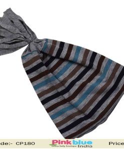 Baby Girl’s Grey Beanie Summer Cap With Stripes in Blue, Brown