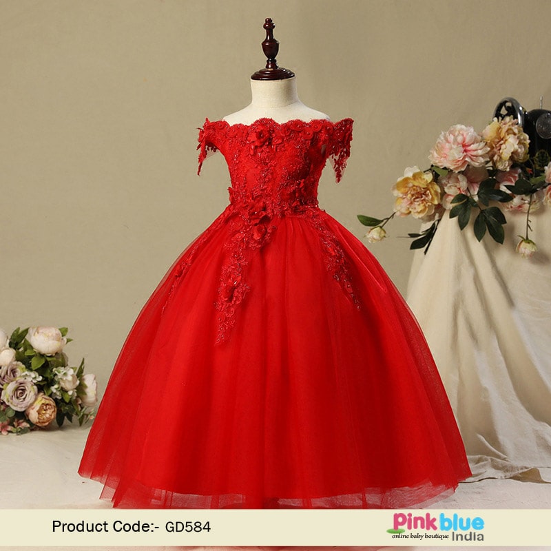 Red Dress – Girls Off shoulder Red Birthday Party & Wedding Dress