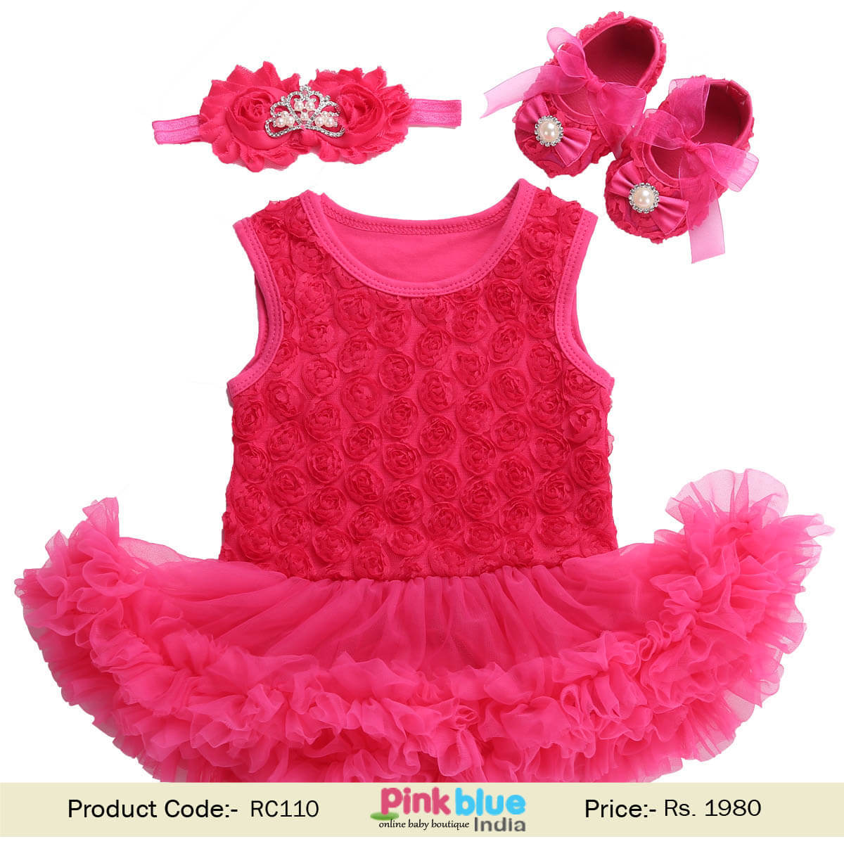 Rosette Flowers Pattern Baby Girls One Piece Romper Dress Clothes Set India