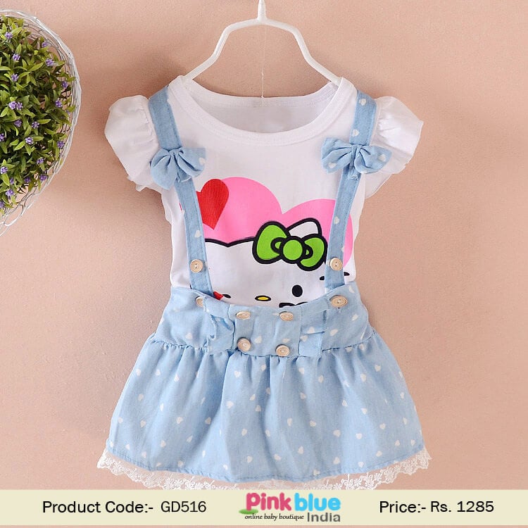 Kids Baby Girls White Tops and Blue Suspender Skirt Clothes 2pcs Outfit Set