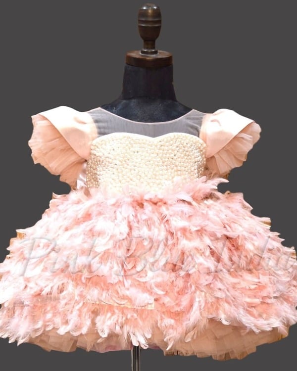 Peach feather dress for baby girl stylish birthday party wear