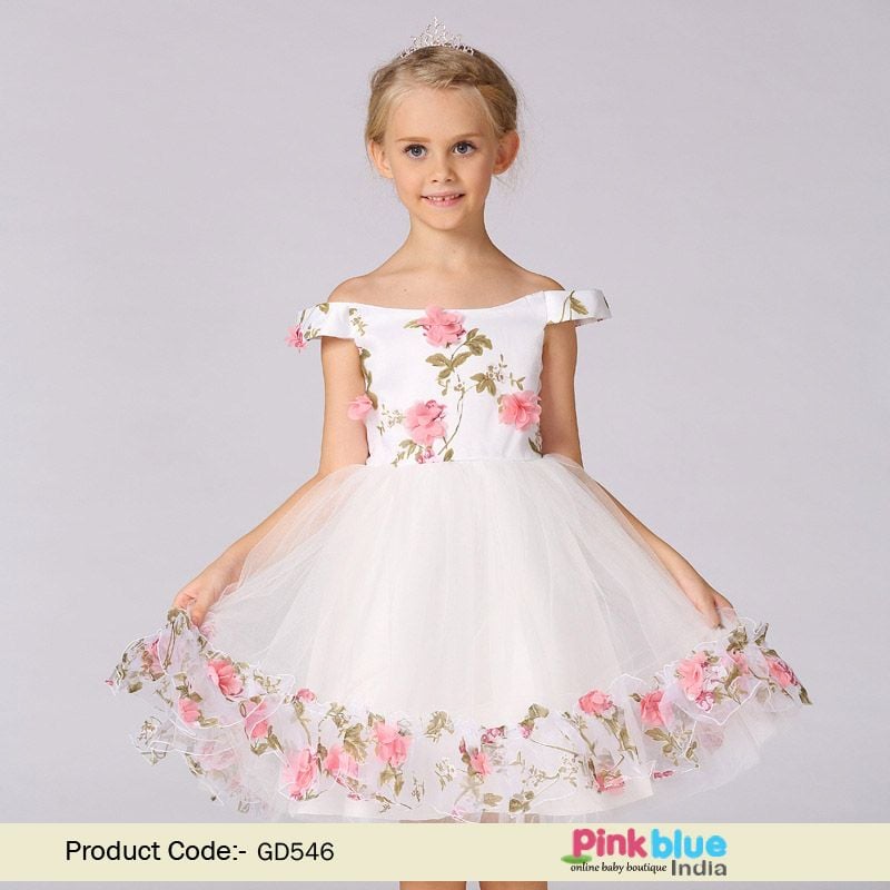 Baby Girl Off Shoulder Party Dress, Buy White Floral Party Frock Online