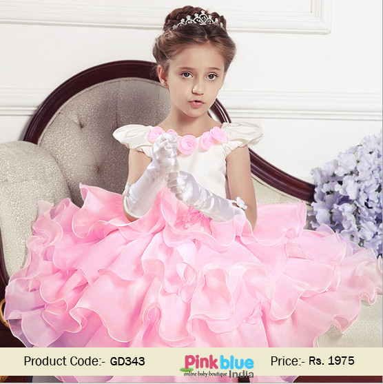 Gorgeous Kids Floral Party Dress in Baby Pink and White Color