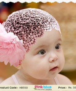 Attractive Baby Pink Broad Headband for Indian Infants with Designer Net and Flower