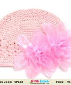 Baby Pink Crochet Hat for Indian Newborn Babies with Two Flowers