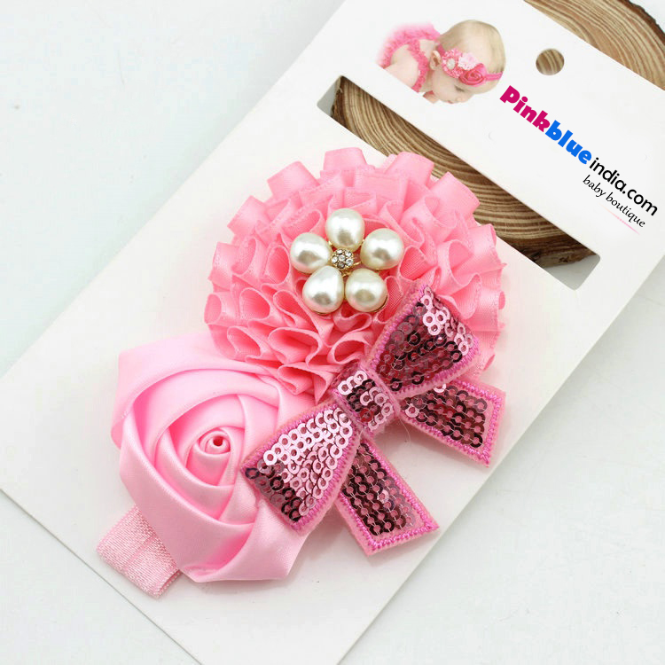 Cute Baby Pink Floral Headband for Indian Infants with Roses and Pearls