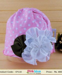 Cute Baby Pink Infant Cap with Dots and Flowers in White and Green
