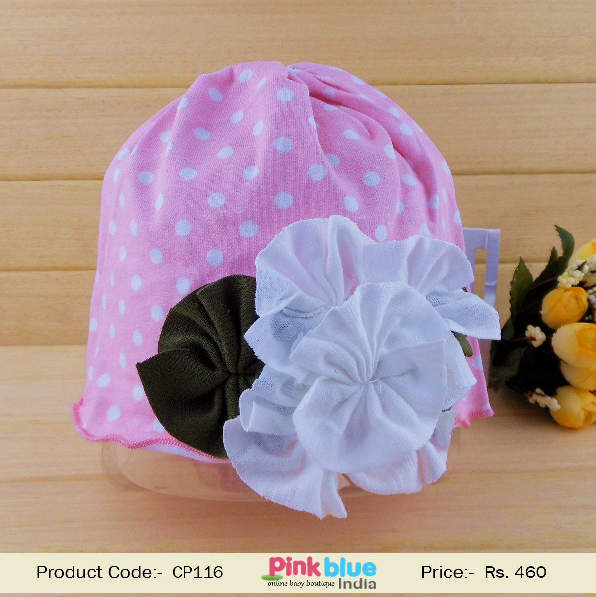 Cute Baby Pink Infant Cap with Dots and Flowers in White and Green