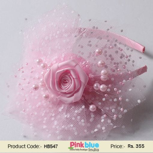 Beautiful Baby Pink Infant Headband with Rose and Pearl Embellished Net