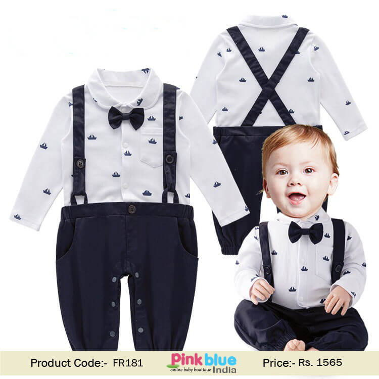 Baby Suspender Bowtie Style Romper Suit, Boys Wedding Outfit India