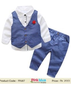 Page Boy Party suit, Blue Pant Formal Outfit Waistcoat, Pants and White Shirt