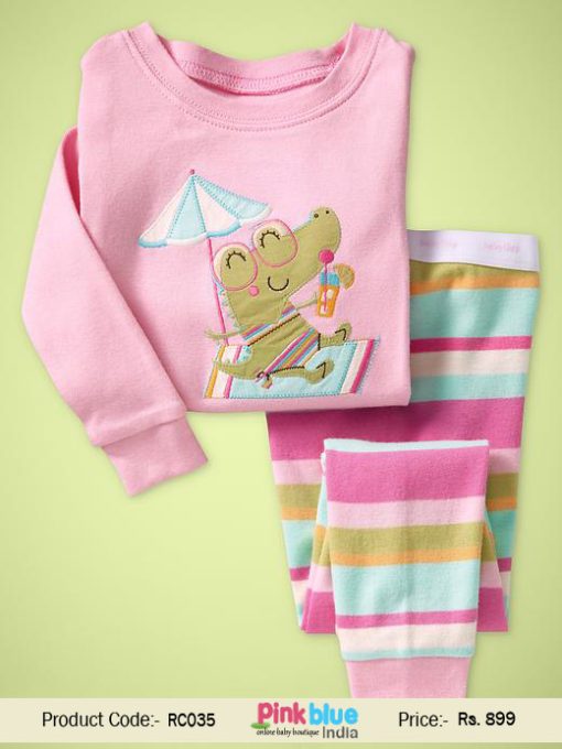 Cartoon Print Baby T-Shirt in Pink and Striped Pajamas for Indian Kids
