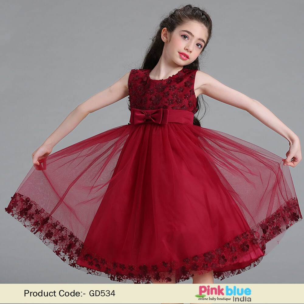 Maroon Baby Girl Party Wear Dress – Kids Occasion Wear knee length Dress