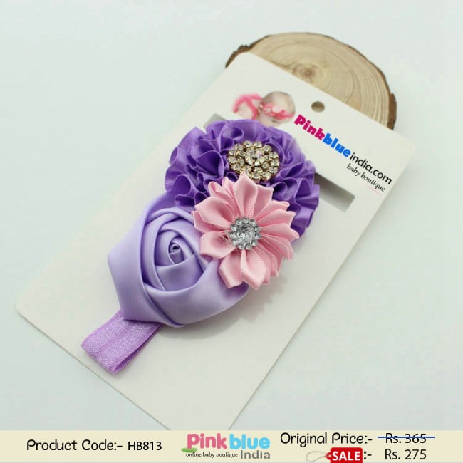 Beautiful Designer Purple Headband with Three Flowers for Infant Girls