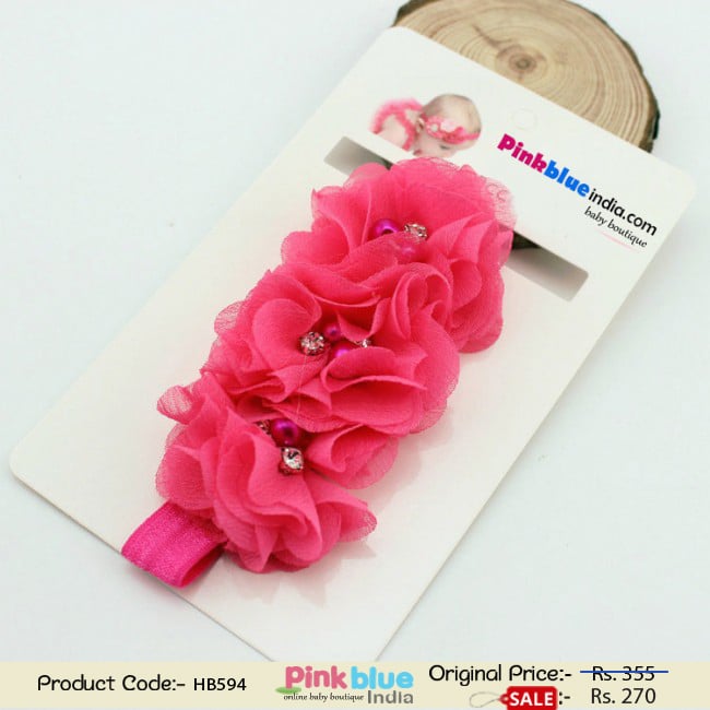 Beautiful Floral Hair Band in Pink for Baby Girls with Pearl Balls as Embellishments