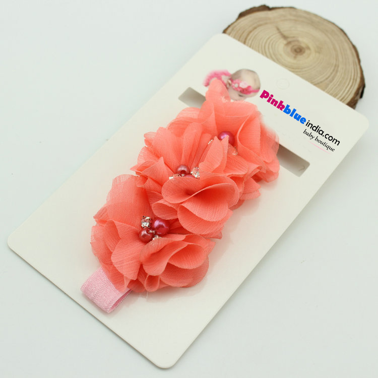Beautiful Orange Peach Floral Hair Band for Toddlers in India With Pearls