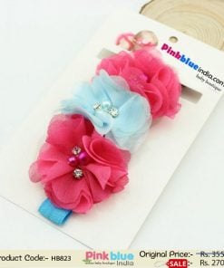 Beautiful Pink and Blue Headband with Three Embellished Flowers for Infant Girls