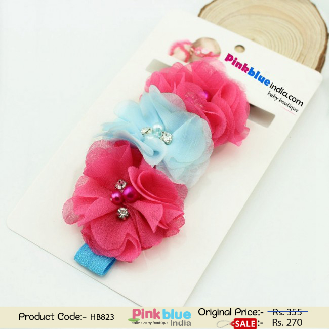 Beautiful Pink and Blue Headband with Three Embellished Flowers for Infant Girls