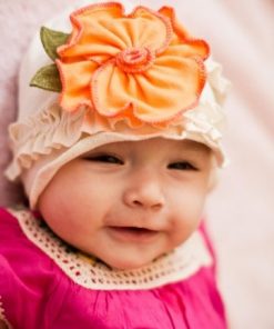 Shop Online White Summer Cap for Infant with Beautiful Orange Flower