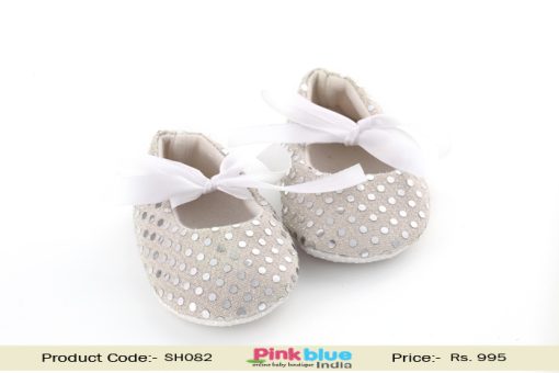 Designer Beige Birthday Baby Girl Shoes With Sparkling Sequins and White Bow