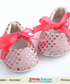 Beige Designer Party Shoes for Baby Girls With Pink Shimmers and Ribbon