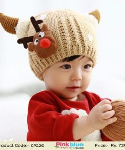Beige Woolen Toddler Baby Hat with Brown Horns
