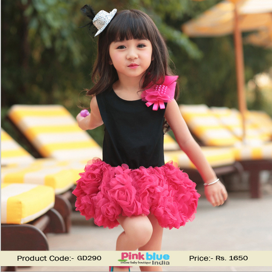 Elegant Sleeveless Black and Pink Floral Party Dress for Baby Girls