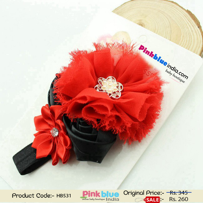 Shop Online Black and Red Hair Band With Beautiful Flowers and Roses for Baby Girls