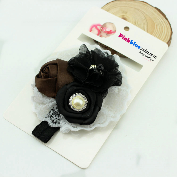 Black and White Floral Net Headband for Indian Infants with Embellishments