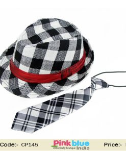 Black and White Jazz Hat With Red Sweatband and Matching Tie