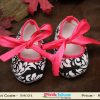 Black and White Leafy Printed Shoes for Baby with Pink Ribbon