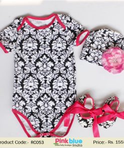 Beautiful Black and White Printed 3 Piece Baby Girl Romper Set