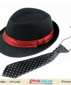 Elegant Black Jazz Hat for Newborn Babies with Matching Tie with Heart Print