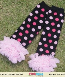 Beautiful Black Leg Warmers for Young Children with Pink Dots and Ruffles