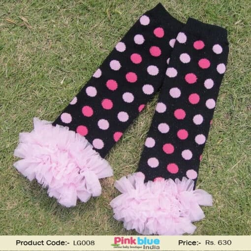 Beautiful Black Leg Warmers for Young Children with Pink Dots and Ruffles