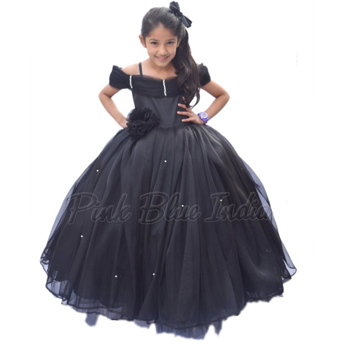 Black Off Shoulder Dress for Girls – Kids black gown Birthday Party Dress