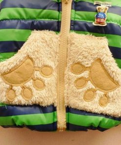 Blue and Green Stripped Woolen Jacket for Infants with Brown Pooh Hood