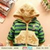 Blue and Green Stripped Woolen Jacket for Infants with Brown Pooh Hood