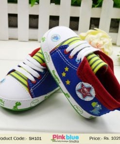Sporty Blue and White Kids and Infant Shoes with Yellow Stripes