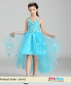 Baby Girl First Birthday Princess Dress, Blue Color couture Birthday dress Online India