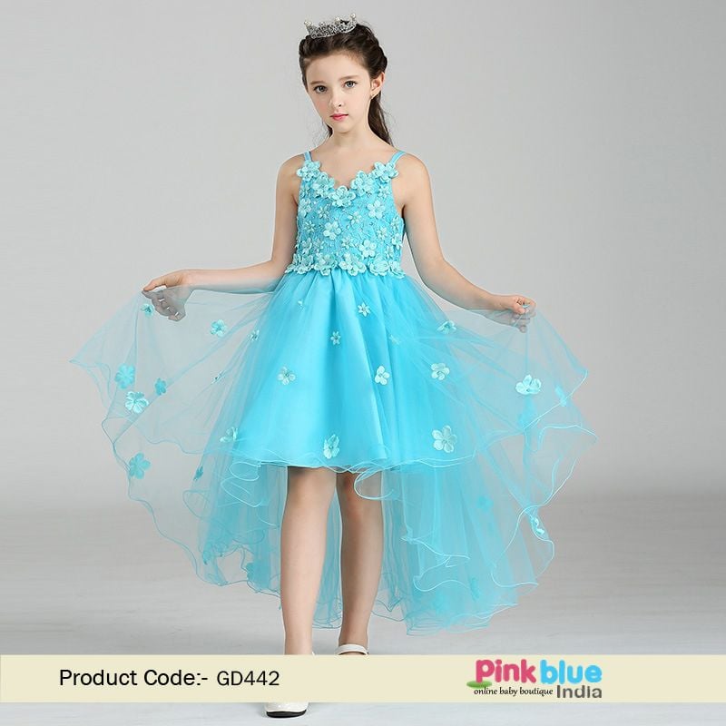 Baby Girl First Birthday Princess Dress, Blue Color couture Birthday dress Online India