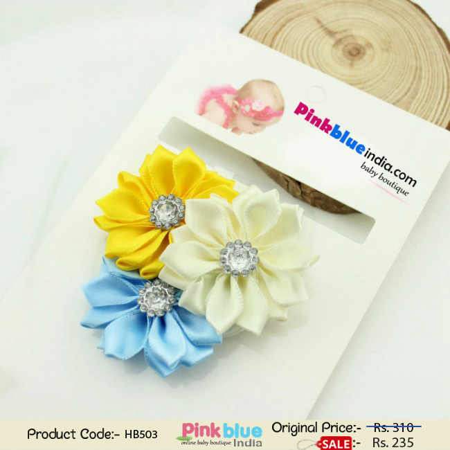 Combination of Blue, Cream and Yellow Flowers in Hair Band for Toddlers in India
