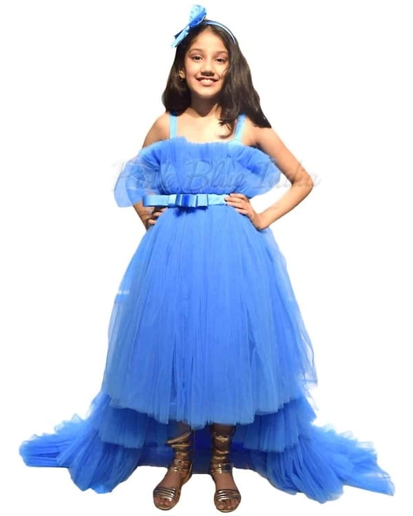 Girls blue designer hi low dress stylish party occasion outfit