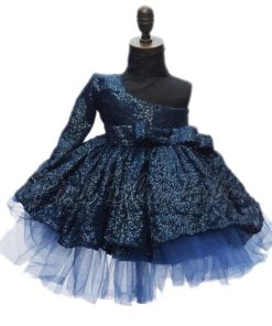 One-Shoulder Sequin Birthday Dress, Blue Sequin Dress for Little girl