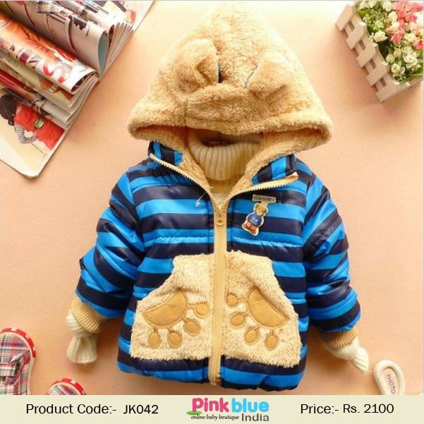 Blue Stripped Woolen Jacket with Brown Pooh Hood for Indian Kids