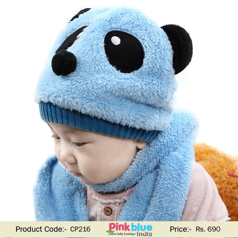 Smart Blue Unisex Panda Face Winter Cap with Muffler for Kids