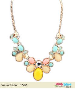 Boho Hippie Necklace with Peach, Turquoise and Yellow Stones and Beads